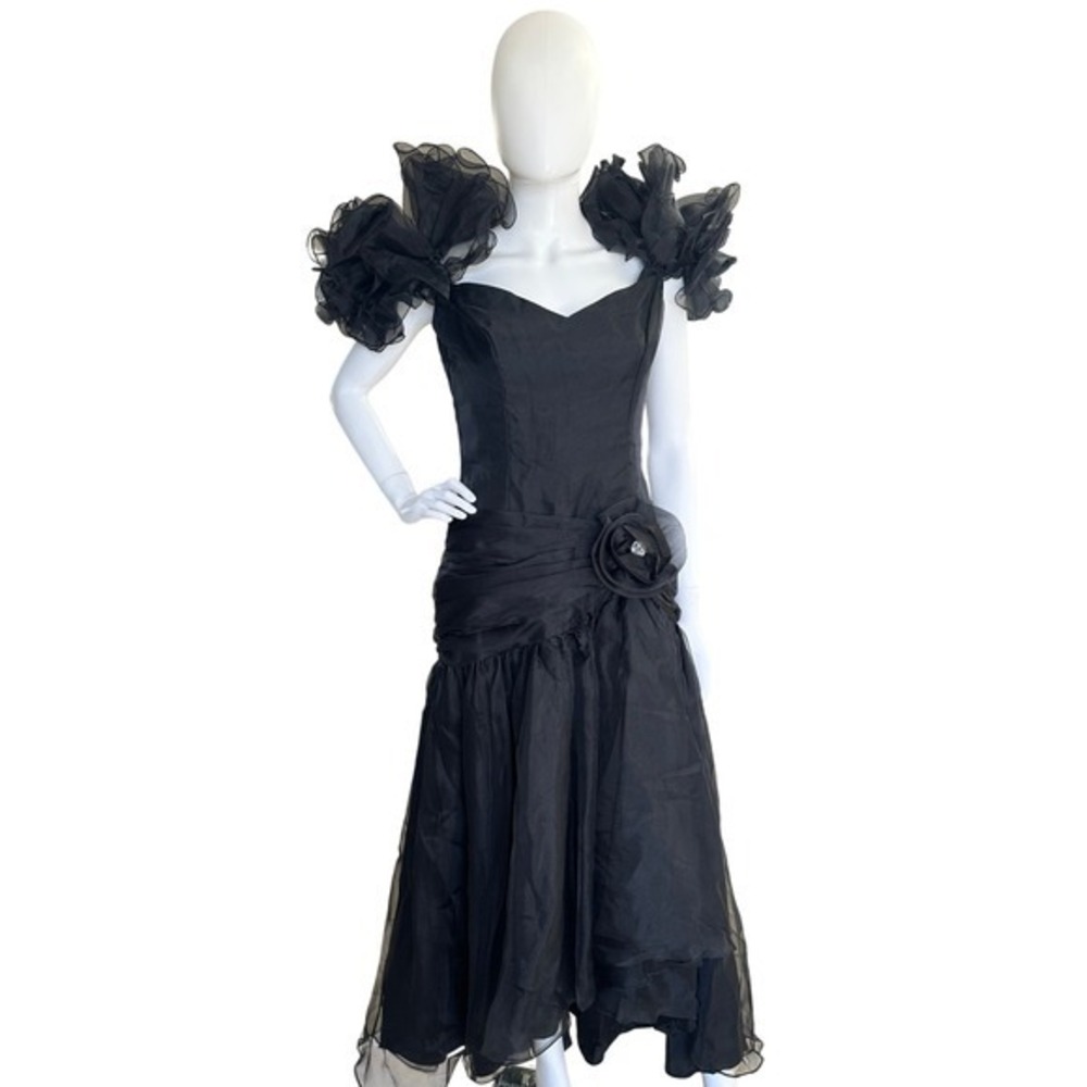 Vintage 1980s‎ Organza Ruffled Prom Gown Formal Dress Goth Hi-Low Party